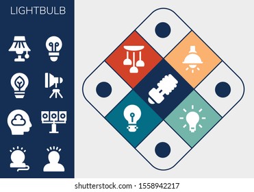 Modern Simple Set of lightbulb Vector filled Icons. Contains such as Lamp, Idea, Thinking, Illumination, Eco bulb, Light, Lightbulb and more Fully Editable and Pixel Perfect icons.