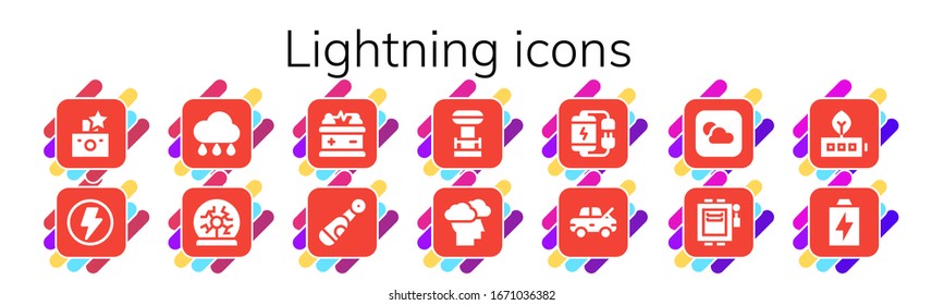 Modern Simple Set of lightning Vector filled Icons. Contains such as Flash, Rain, Plasma ball, Battery, Electric, Tesla coil, Storm and more Fully Editable and Pixel Perfect icons.