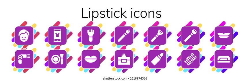 Modern Simple Set of lipstick Vector filled Icons. Contains such as Makeup, Hairdryer, Fashion, Make up, Lips, Perfume, Lipstick and more Fully Editable and Pixel Perfect icons.