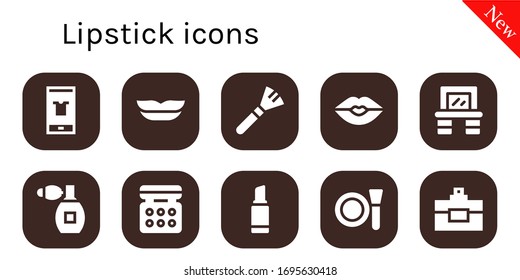 Modern Simple Set of lipstick Vector filled Icons. Contains such as Fashion, Lips, Makeup, Kiss, Vanity, Perfume, Eye shadow, Lipstick and more Fully Editable and Pixel Perfect icons.