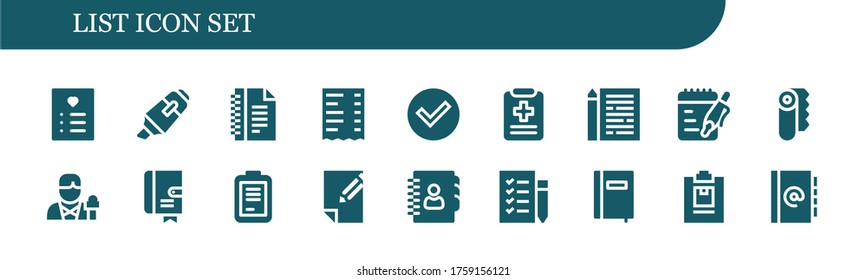 Modern Simple Set of list Vector filled Icons. Contains such as Wishlist, Highlighter, Notes, Receipt, Check, Medical report, Sheet and more Fully Editable and Pixel Perfect icons.