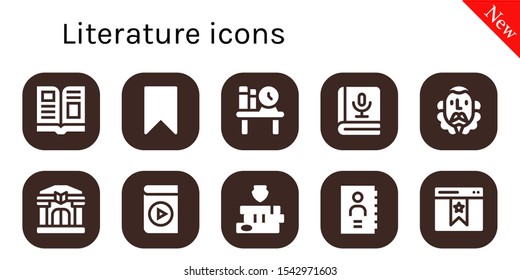 Modern Simple Set of literature Vector filled Icons. Contains such as Magazine, Bookmark, Bookshelf, Book, Cervantes, Library and more Fully Editable and Pixel Perfect icons.