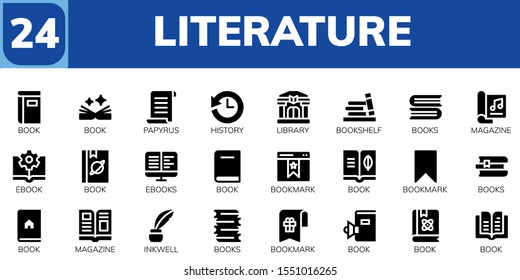 Modern Simple Set of literature Vector filled Icons. Contains such as Book, Papyrus, History, Library, Bookshelf, Books, Magazine and more Fully Editable and Pixel Perfect icons.