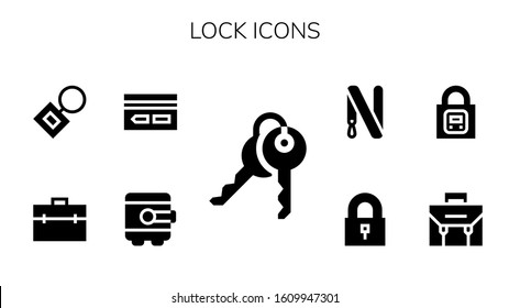 Modern Simple Set of lock Vector filled Icons. Contains such as Keys, Safebox, Key card, Briefcase, Key chain, Lock, Padlock, Key ring and more Fully Editable and Pixel Perfect icons.