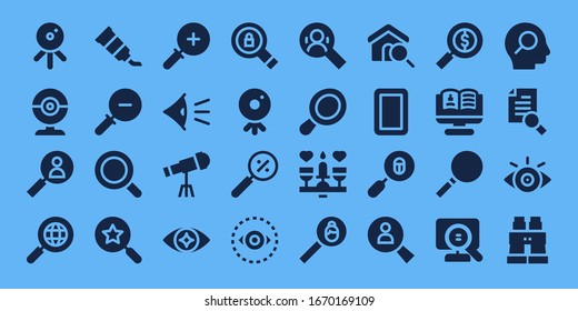 Modern Simple Set of look Vector filled Icons. Contains such as Web cam, Webcam, Search, Tube, Zoom out, Magnifying glass, Zoom in and more Fully Editable and Pixel Perfect icons.