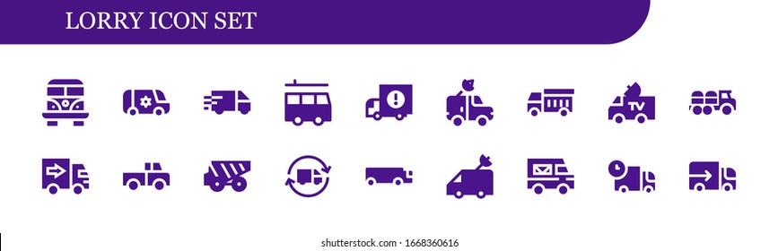 Modern Simple Set of lorry Vector filled Icons. Contains such as Van, Delivery truck, Garbage truck, Truck, Dump Cargo and more Fully Editable and Pixel Perfect icons.