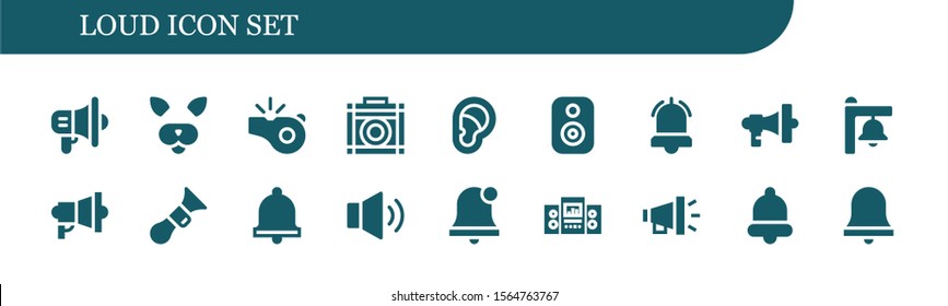 Modern Simple Set of loud Vector filled Icons. Contains such as Megaphone, Filter, Whistle, Amplifier, Ear, Speaker, Alarm, Bell and more Fully Editable and Pixel Perfect icons.