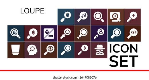 Modern Simple Set of loupe Vector filled Icons. Contains such as Loupe, Search, Glass, Magnifying glass, Zoom, Detective, Zoom in and more Fully Editable and Pixel Perfect icons.