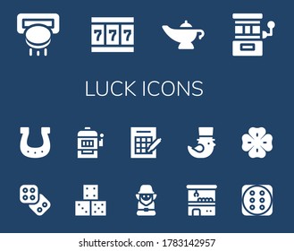 Modern Simple Set of luck Vector filled Icons. Contains such as Slot machine, Magic lamp, Dice, Horseshoe, Leprechaun, Bingo, Claw machine and more Fully Editable and Pixel Perfect icons.