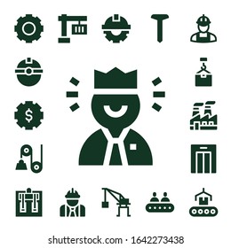 Modern Simple Set of machinery Vector filled Icons. Contains such as Gear, Worker, Pulley, Crane, Industry, Lift, Machine, Cogwheel and more Fully Editable and Pixel Perfect icons.