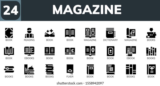 Modern Simple Set of magazine Vector filled Icons. Contains such as Book, Reading, Magazine, Dictionary, Books, Ebooks, Ebook and more Fully Editable and Pixel Perfect icons.