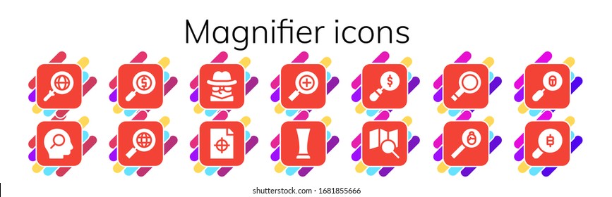 Modern Simple Set of magnifier Vector filled Icons. Contains such as Search, Magnifying glass, Detective, Printing test, Glass and more Fully Editable and Pixel Perfect icons.