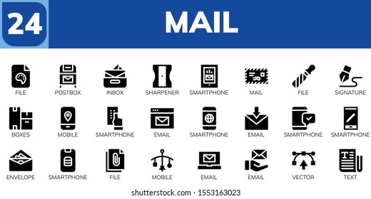Modern Simple Set of mail Vector filled Icons. Contains such as File, Postbox, Inbox, Sharpener, Smartphone, Mail, Signature, Boxes and more Fully Editable and Pixel Perfect icons.