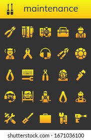 Modern Simple Set of maintenance Vector filled Icons. Contains such as Pliers, Screwdriver, Tools, Worker, Toolbox, Support, Plier and more Fully Editable and Pixel Perfect icons.