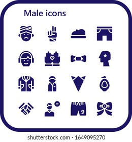 Moderno y simple conjunto de iconos machos rellenos de vectores. Contiene tales como Man, Hand, Beret, Shorts, Avatar, Manos, Corbata, Cabeza, Cubata de Laboratorio y más íconos totalmente editables y Pixel Perfect.