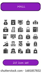 Modern Simple Set of mall Vector filled Icons. Contains such as Bag, Shopping bag, Display, Shopping center, Escalator down, Mall and more Fully Editable and Pixel Perfect icons.