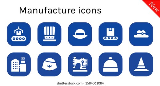 Modern Simple Set of manufacture Vector filled Icons. Contains such as Conveyor, Hat, Factory, Sewing machine and more Fully Editable and Pixel Perfect icons.