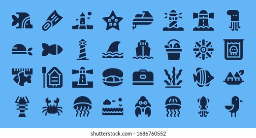 Modern Simple Set of marine Vector filled Icons. Contains such as Fish, Pirate, Lobster, Fins, Boat, Crab, Lighthouse, Medusa and more Fully Editable and Pixel Perfect icons.