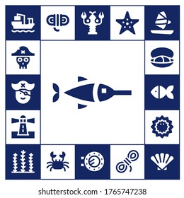 Modern Simple Set of marine Vector filled Icons. Contains such as Cargo ship, Pirate, Swordfish, Lighthouse, Mussel, Fish, Sea urchin and more Fully Editable and Pixel Perfect icons.