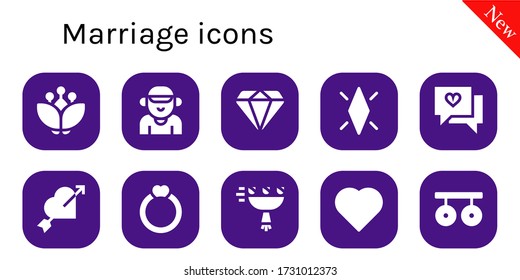 Modern Simple Set of marriage Vector filled Icons. Contains such as Blossom, Boyfriend, Diamond, Love, Heart, Ring, Bouquet, Rings and more Fully Editable and Pixel Perfect icons.