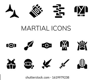 Modern Simple Set of martial Vector filled Icons. Contains such as Shuriken, Karate, Wing chun, Ninja, Kendo, Champion belt, Kunai and more Fully Editable and Pixel Perfect icons.