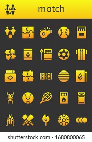 Modern Simple Set of match Vector filled Icons. Contains such as Foosball, Table football, Puzzle, Referee, Tennis, Matches, Matchbox and more Fully Editable and Pixel Perfect icons.