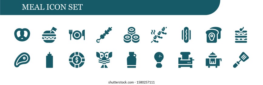 Modern Simple Set of meal Vector filled Icons. Contains such as Pretzel, Burger, Fork, Brochette, Sushi, Shrimp, Hot dog, Toast and more Fully Editable and Pixel Perfect icons.