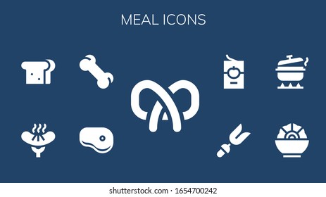 Modern Simple Set of meal Vector filled Icons. Contains such as Pretzel, Steak, Bone, Sausage, Sandwich, Salad, Pot, Fork, Tomato sauce and more Fully Editable and Pixel Perfect icons.