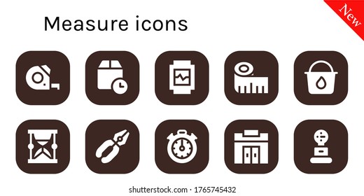 Modern Simple Set of measure Vector filled Icons. Contains such as Measuring tape, Wait time, Watch, Paint bucket, Hourglass, Pliers and more Fully Editable and Pixel Perfect icons.