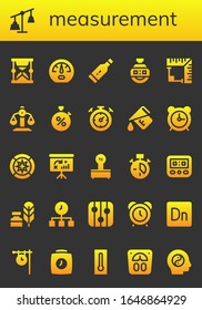 Modern Simple Set of measurement Vector filled Icons. Contains such as Hourglass, Weights, Dashboard, Thermometer, Stopclock, Angle and more Fully Editable and Pixel Perfect icons.