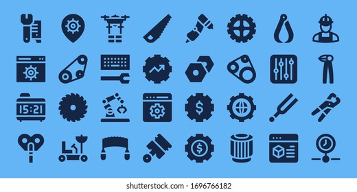 Modern Simple Set of mechanical Vector filled Icons. Contains such as Wrench, Settings, Alarm clock, Automaton, Timing belt, Saw and more Fully Editable and Pixel Perfect icons.