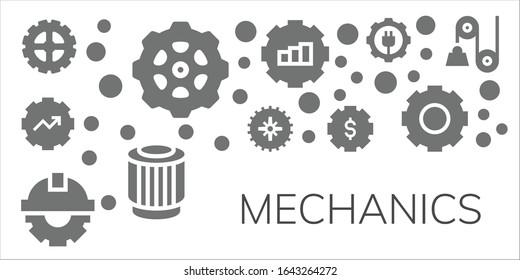 Modern Simple Set of mechanics Vector filled Icons. Contains such as Gear, Cogwheel, Pulley and more Fully Editable and Pixel Perfect icons.