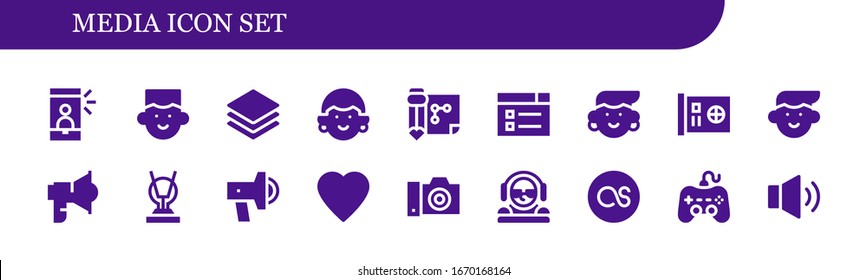 Modern Simple Set of media Vector filled Icons. Contains such as Selfie, Avatar, Albums, Drawing, Learning, Card, Loudspeaker and more Fully Editable and Pixel Perfect icons.