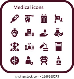 Modern Simple Set of medical Vector filled Icons. Contains such as Thermometer, Tooth, Suppositories, Red cross, Spa, Hospital and more Fully Editable and Pixel Perfect icons.