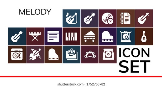 Modern Simple Set of melody Vector filled Icons. Contains such as Guitar, Turntable, Cello, Piano, Note, Tambourine, Gong, Electric piano and more Fully Editable and Pixel Perfect icons.