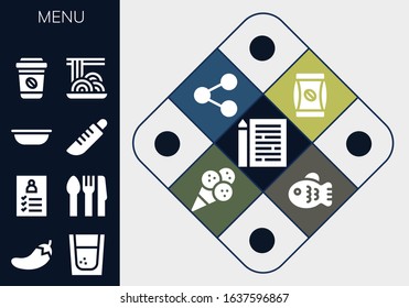 Modern Simple Set of menu Vector filled Icons. Contains such as Sheet, Chili, Tequila, Register, Cutlery, Bowl, Knife, Take away and more Fully Editable and Pixel Perfect icons.