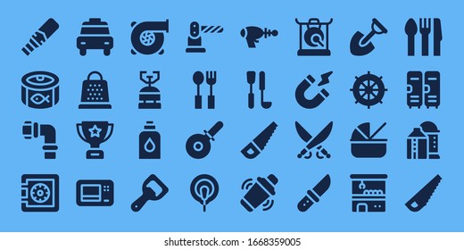 Modern Simple Set of metal Vector filled Icons. Contains such as Metal detector, Canned food, Pipes, Safe, Taxi, Grater, Trophy and more Fully Editable and Pixel Perfect icons.