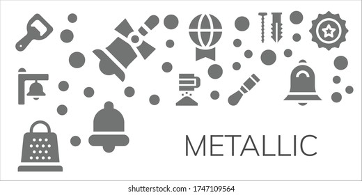 Modern Simple Set of metallic Vector filled Icons. Contains such as Bottle opener, Bell, Sieve, Grater, Chisel, Prize, Screw, Beer cap and more Fully Editable and Pixel Perfect icons.