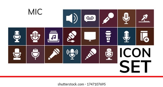 Modern Simple Set of mic Vector filled Icons. Contains such as Audio, Microphone, Music album, Night stand, Cd, Recording and more Fully Editable and Pixel Perfect icons.