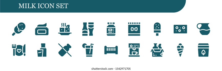 Modern Simple Set of milk Vector filled Icons. Contains such as Ice cream, Cream, Tofu, Sauces, Ink, Feed, Cheese, Juice, Food and more Fully Editable and Pixel Perfect icons.