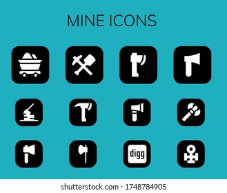 Modern Simple Set of mine Vector filled Icons. Contains such as Mine, Axe, Digg, Copper and more Fully Editable and Pixel Perfect icons.