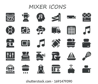 Modern Simple Set of mixer Vector filled Icons. Contains such as Oven, Blender, Music, Slider, Cargo truck, DJ, Plumber, Mixer and more Fully Editable and Pixel Perfect icons.