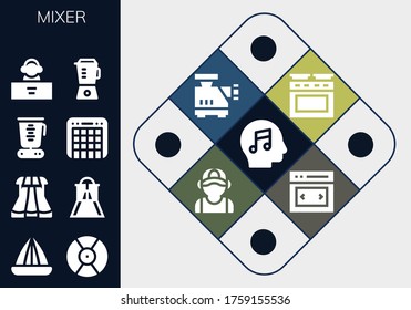 Modern Simple Set of mixer Vector filled Icons. Contains such as Music, Juicer, DJ, Sliders, Slider, Blender, Mixer, Oven, Meat grinder and more Fully Editable and Pixel Perfect icons.