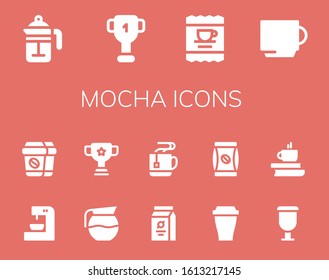 Modern Simple Set of mocha Vector filled Icons. Contains such as French press, Cup, Coffee, Coffee machine, Coffee pot, Beans and more Fully Editable and Pixel Perfect icons.