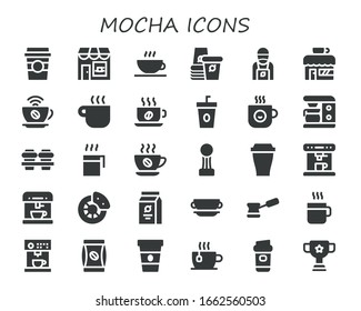 Modern Simple Set of mocha Vector filled Icons. Contains such as Coffee cup, Coffee shop, Paper cup, Barista, Coffee, Cup, maker and more Fully Editable and Pixel Perfect icons.