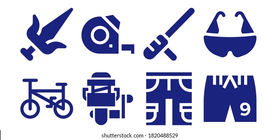 Modern Simple Set of monochrome Vector filled Icons. Contains such as Bicycle, Martial arts, Fishing reel, Measuring tape, Shorts and more Fully Editable and Pixel Perfect icons.