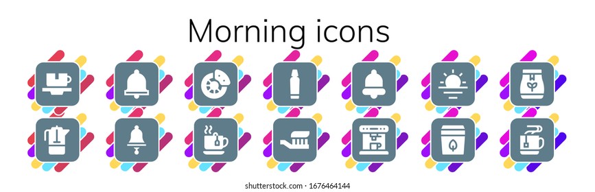 Modern Simple Set of morning Vector filled Icons. Contains such as Cup, French press, Bell, Break, Tea, Toothpaste, Toothbrush and more Fully Editable and Pixel Perfect icons.