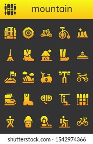 Modern Simple Set of mountain Vector filled Icons. Contains such as Waterfall, Ski, Bicycle, Tandem, Bike, Canyon, Tokyo, Boots and more Fully Editable and Pixel Perfect icons.
