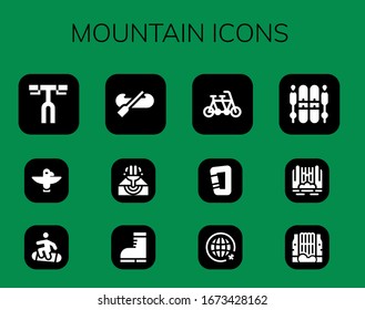 Modern Simple Set of mountain Vector filled Icons. Contains such as Handlebar, Totem, Snowboard, Kayak, Eruption, Boots, Tandem and more Fully Editable and Pixel Perfect icons.