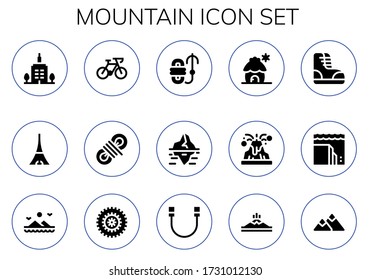 Modern Simple Set of mountain Vector filled Icons. Contains such as Skyscrapper, Tokyo, Bicycle, Rope, Iceberg, Cabin, Volcano and more Fully Editable and Pixel Perfect icons.
